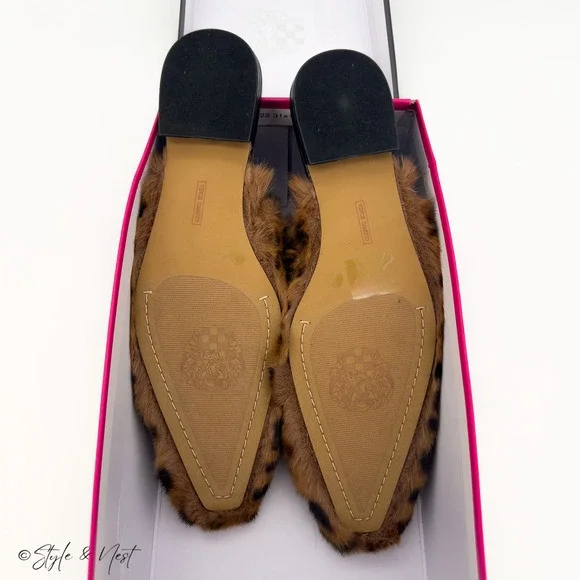 Vince Camuto Samara Slip on Flat Mules Leopard Slippers Luxe Cozy Fur Women's 10 - Picture 3 of 3